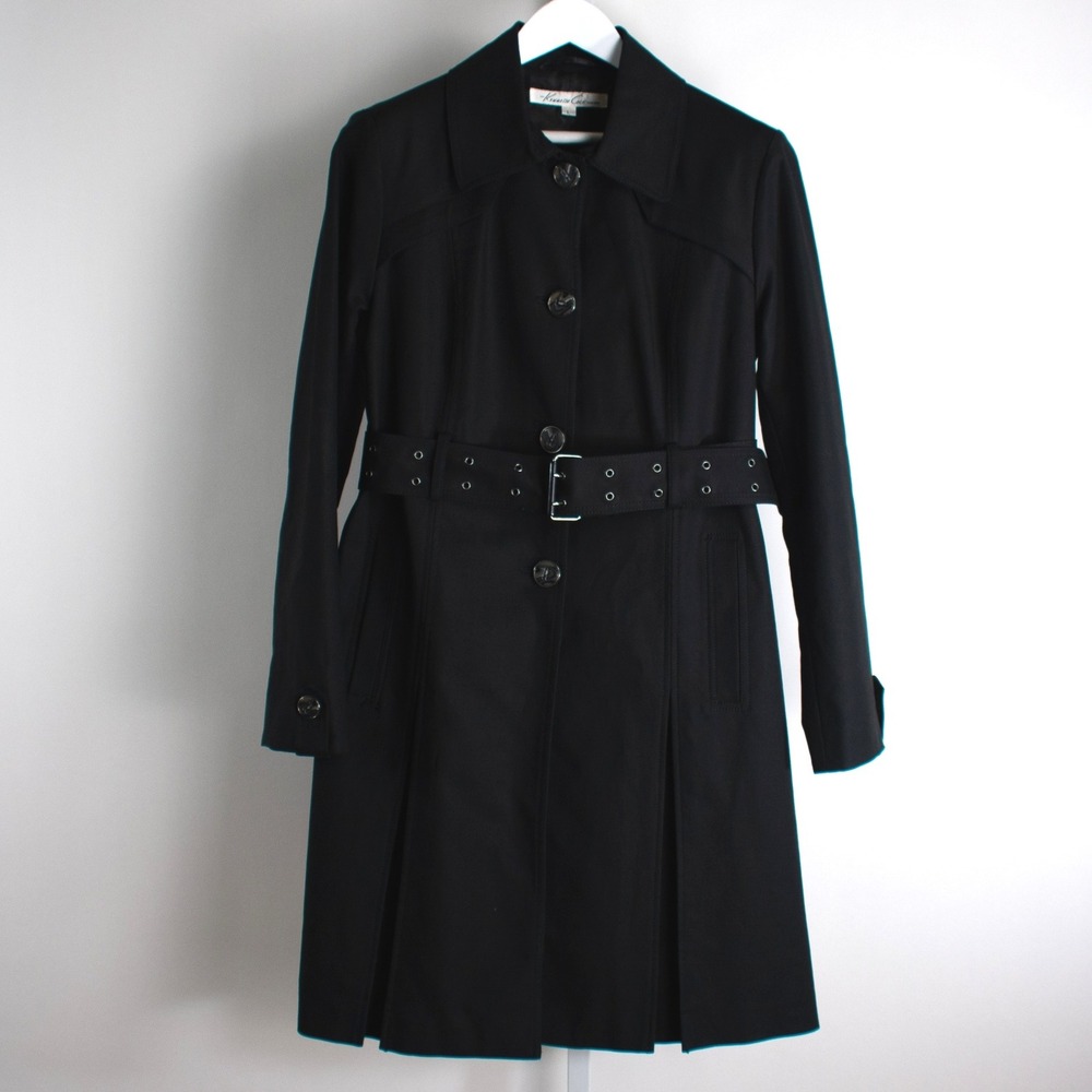 Kenneth Cole New York Belted Trench Coat Women's L Black‎ Pleated Classic Large